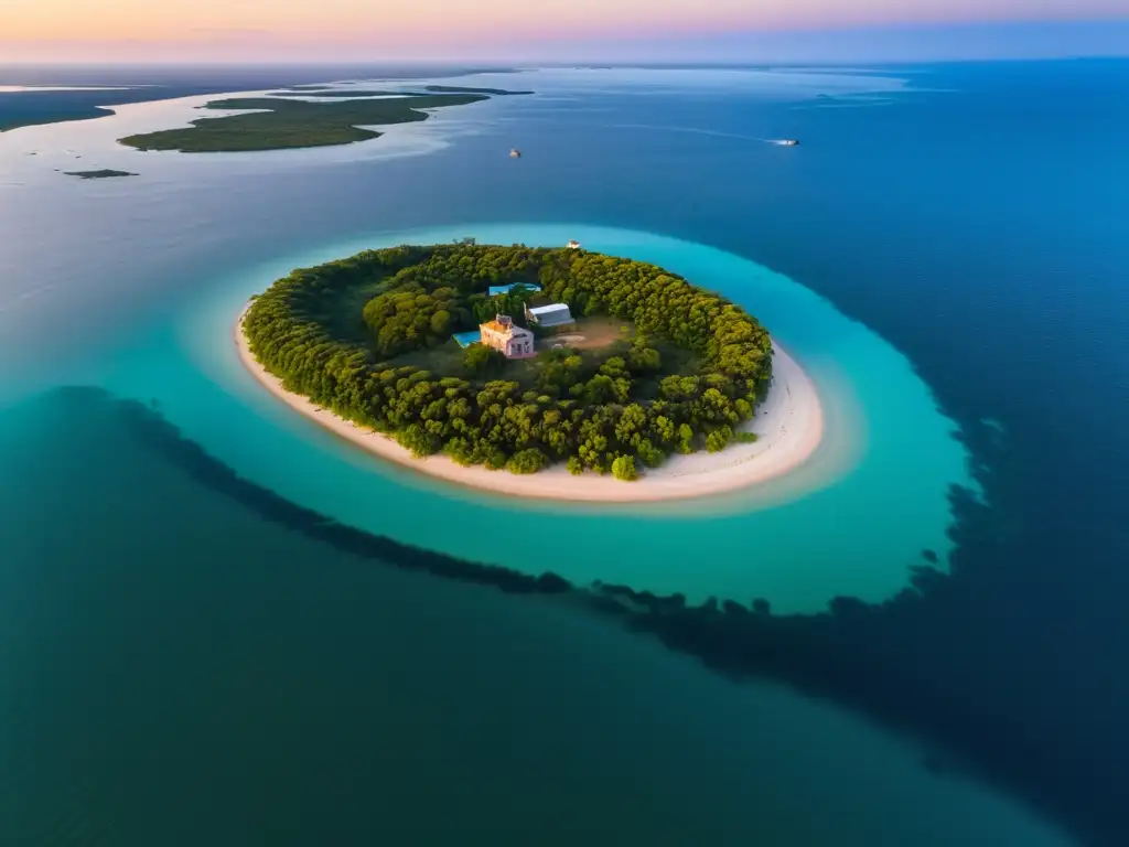 Experiencia turística Isla Martín García al atardecer, con edificios históricos, flora verde dorada y Río de la Plata brillante