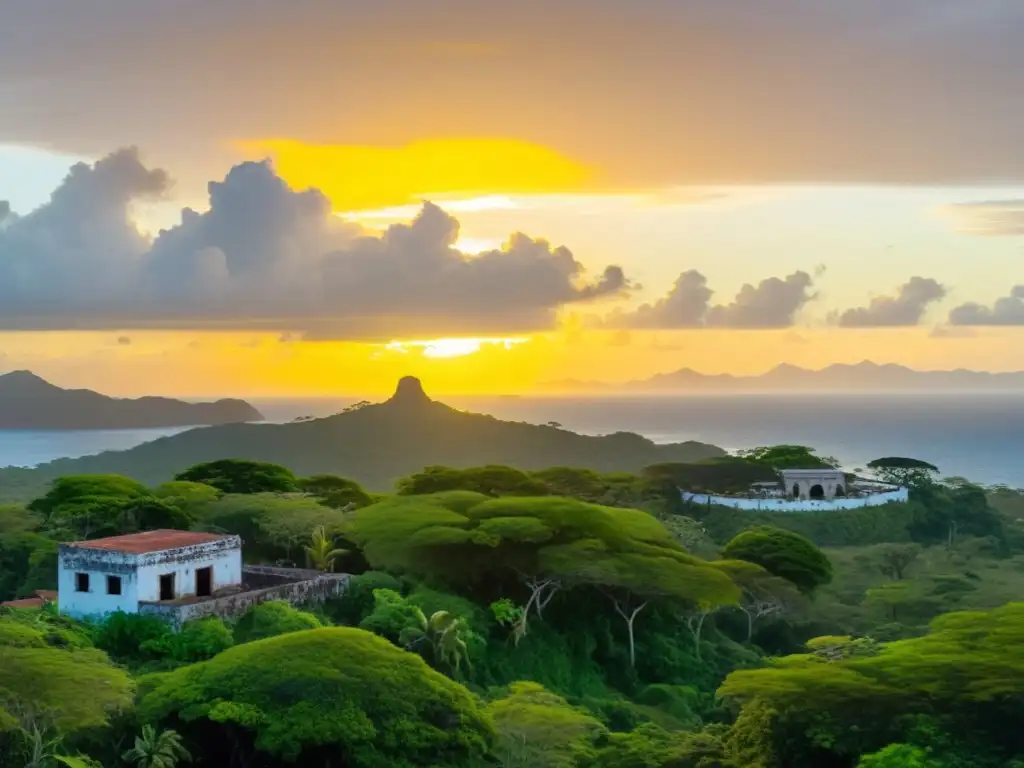 Experiencia turística Isla Martín García: amanecer dorado sobre vegetación exuberante, aves volando y edificios históricos