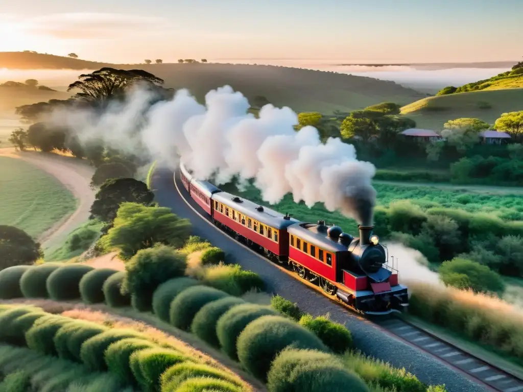 Experiencia única viaje tren Uruguay: un amanecer con un tren rojo antiguo serpenteando entre verdes colinas, con un pueblo uruguayo al fondo