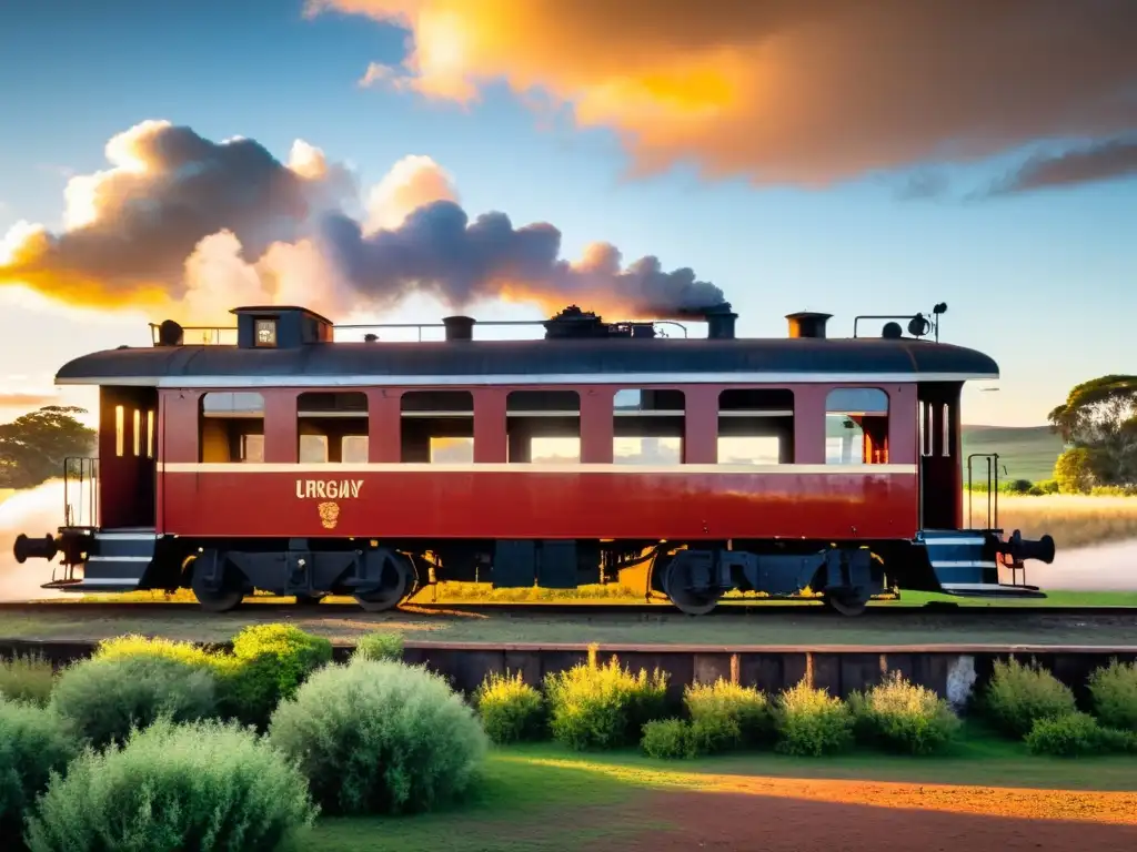 Experiencia única viaje tren Uruguay: estación antigua en atardecer dorado, locomotora vintage lista para recorrer la campiña verde y bulliciosa