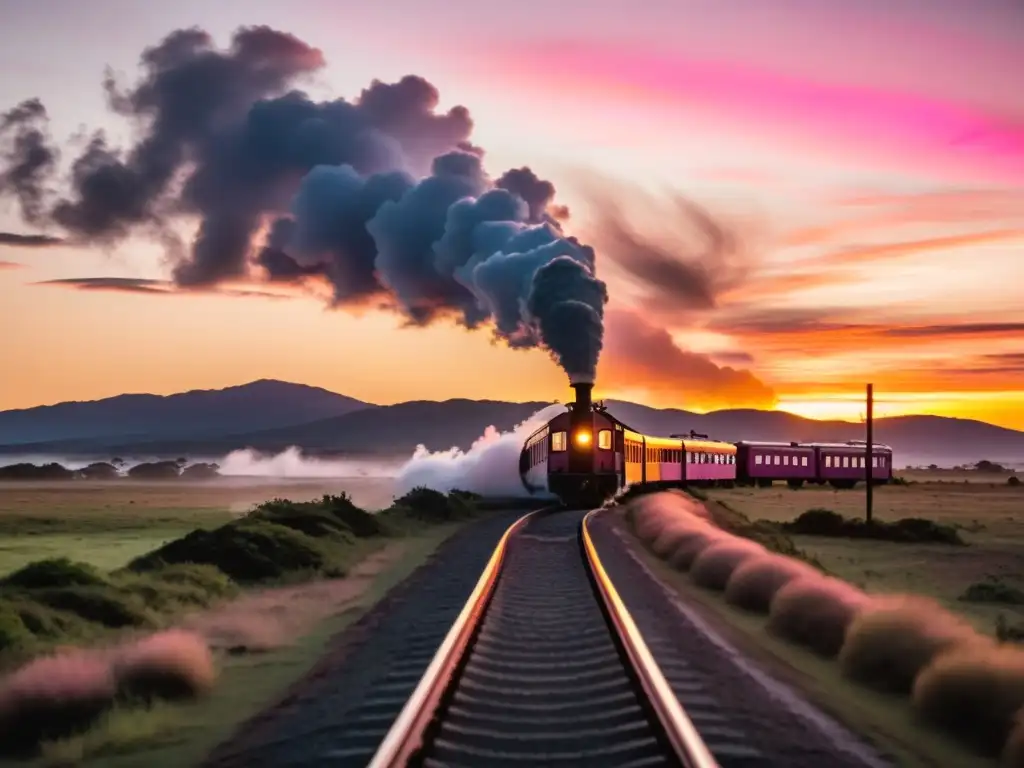 Experiencia única viaje tren Uruguay: amanecer pintando de colores un antiguo tren y un viajero expectante