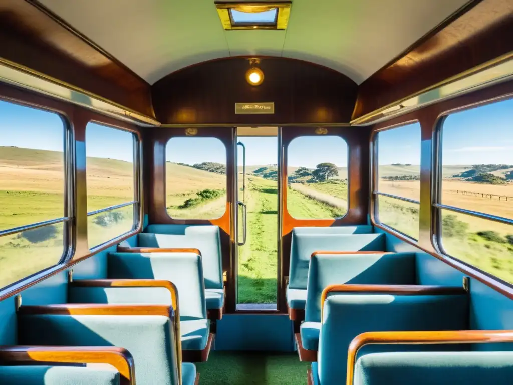 Experiencia única viaje tren Uruguay, pasajeros asombrados por la belleza del campo bajo el cálido sol dorado