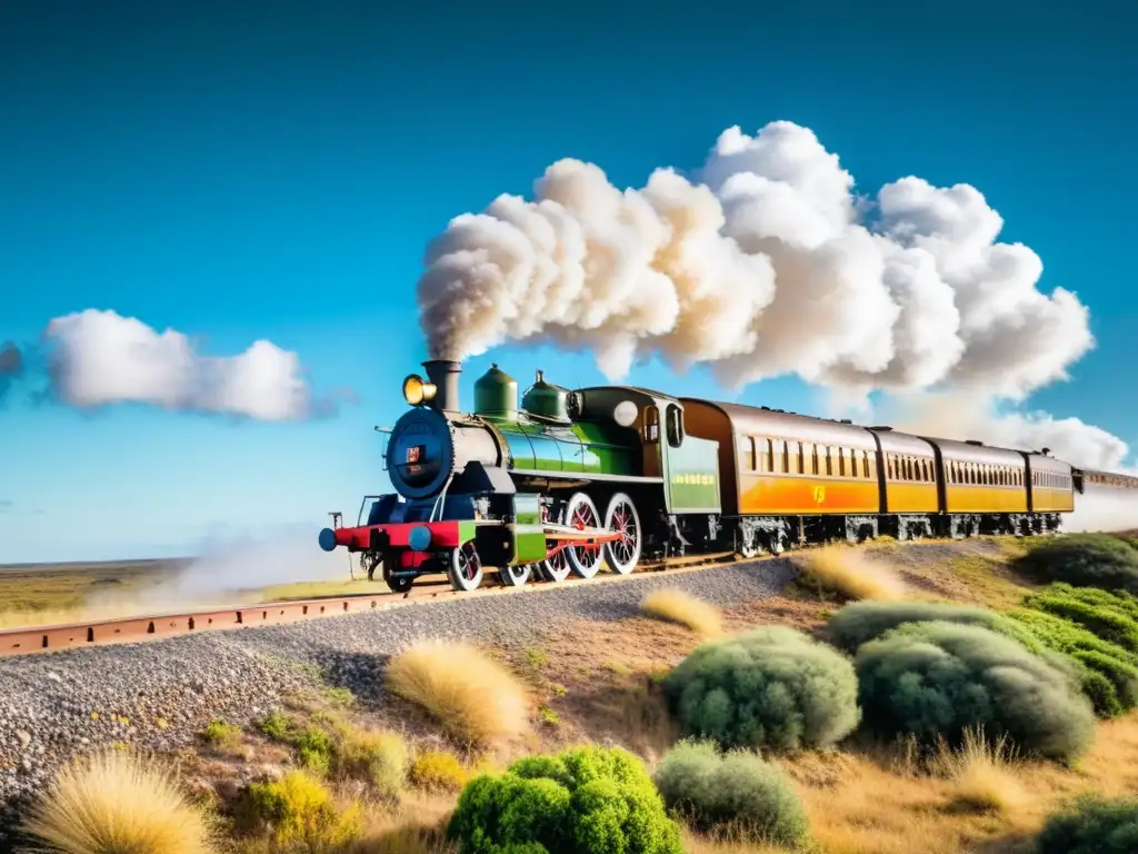 Experiencia única de un viaje en tren verde vintage, cruzando los dorados campos de Uruguay bajo un cielo azul