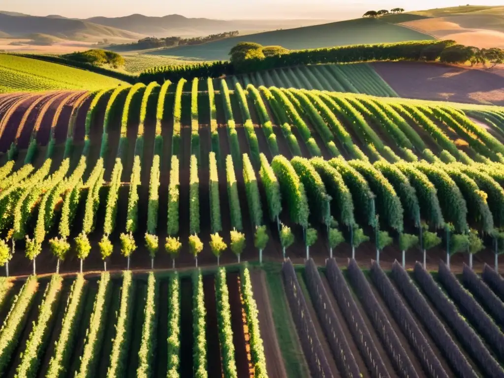 Experiencias vitivinícolas en Uruguay: panorámica aérea de viñedos bañados por el sol y degustación de vinos al atardecer