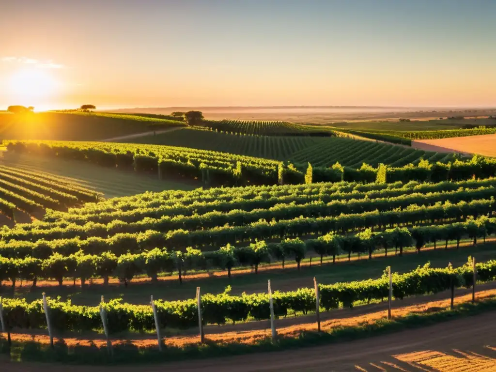 Experiencias vitivinícolas en Uruguay: un panorama espectacular de viñedos bajo el cálido sol poniente, donde se degusta vino entre amigos