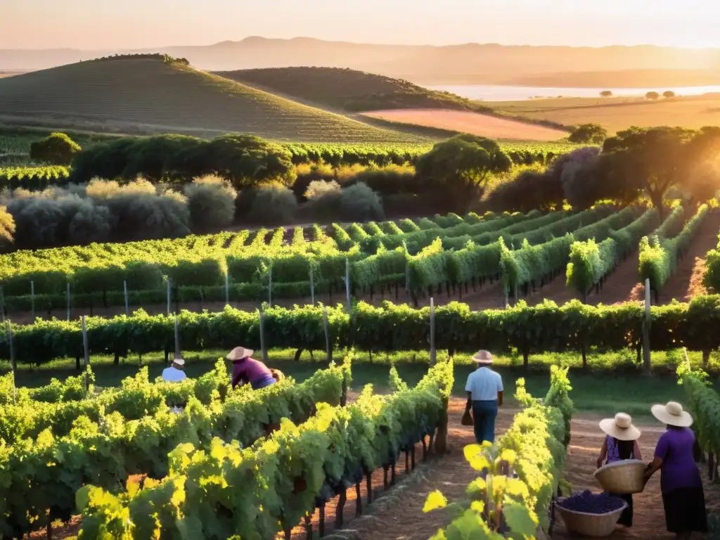 'Experiencias vitivinícolas en Uruguay: trabajadores bajo el atardecer, recogiendo uvas Tannat en inmensos viñedos, con una bodega al fondo'