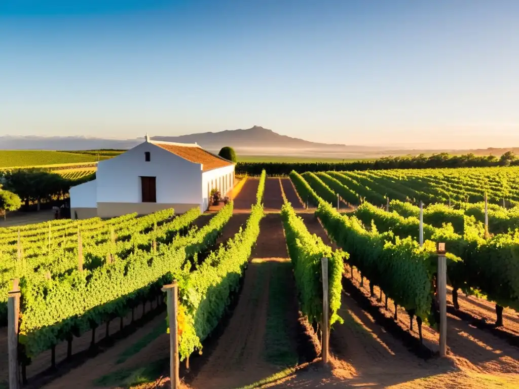 Experiencias vitivinícolas en Uruguay; deleitándose en viñedo idílico al atardecer, bajo el resplandor dorado del sol