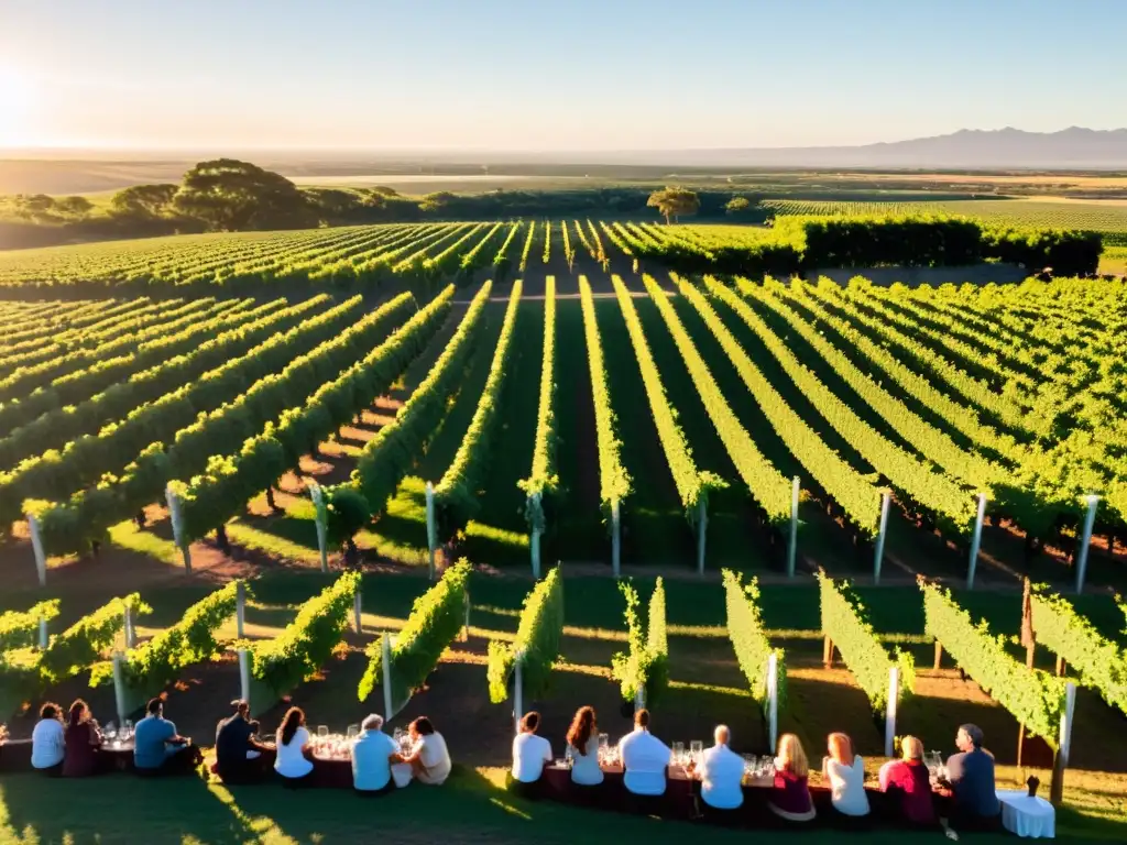 Experiencias vitivinícolas en Uruguay: grupo degustando vino, viñedos florecientes al atardecer y bodega pintoresca en el horizonte