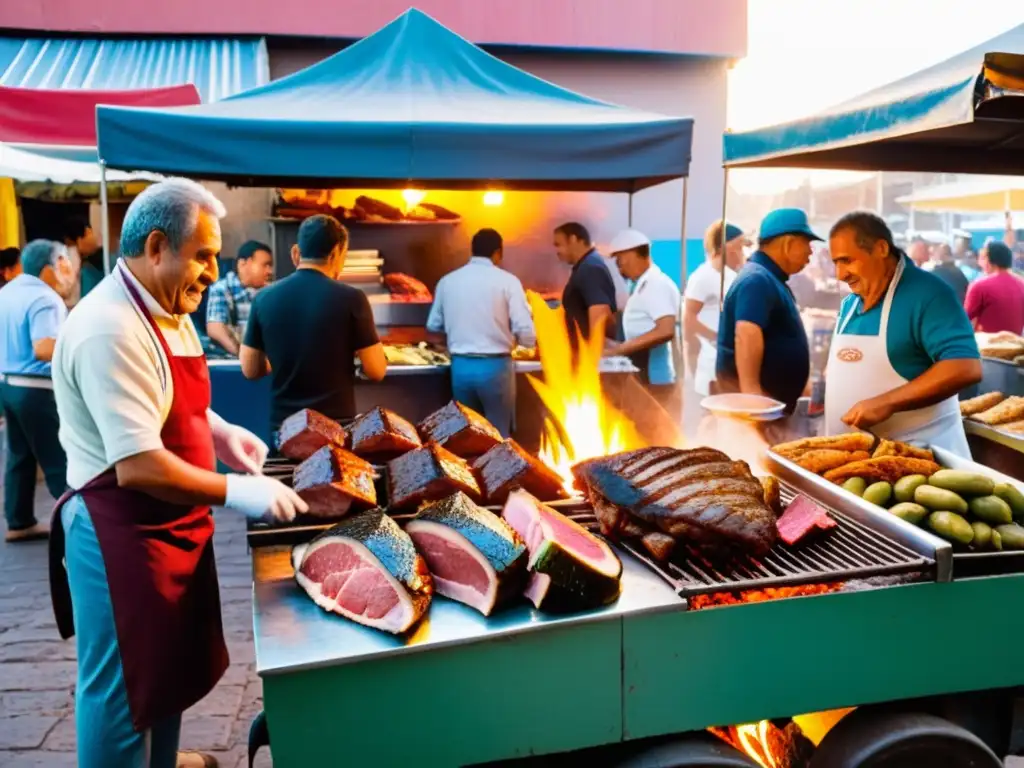 Un experto chef en un puesto de comida callejera uruguaya deliciosa, lleno de vida y color, prepara un asado al atardecer