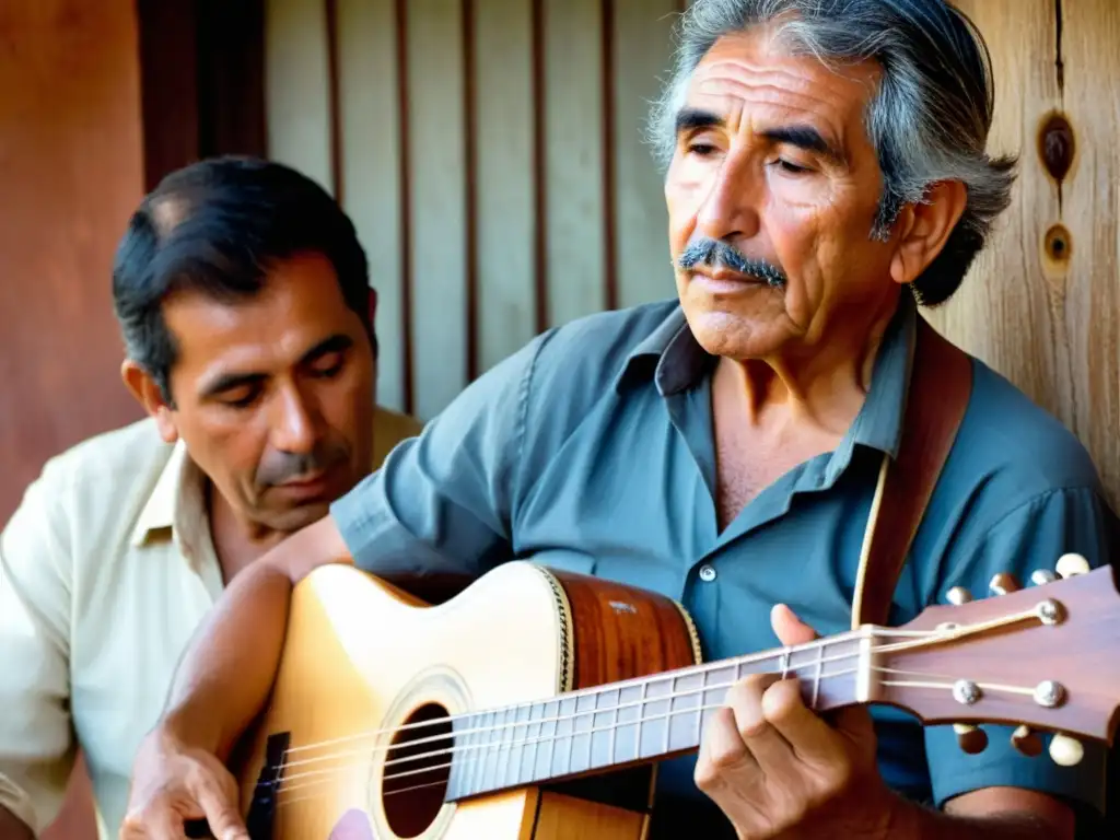 Experto músico uruguayo tocando apasionadamente su guitarra tradicional, junto a un joven con tamboril, en una estancia rústica bañada por el sol