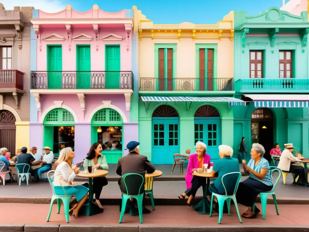 Expresiones locales uruguayas en una animada charla en un café al aire libre en Montevideo, con música de Candombe y vendedores callejeros