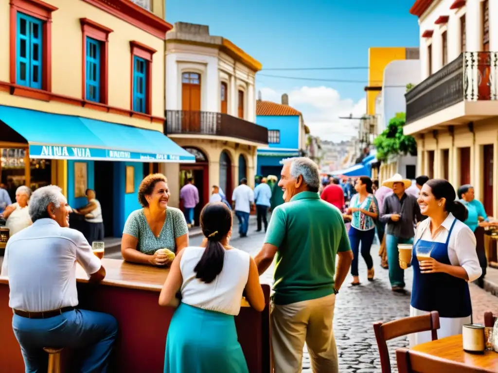 Expresiones locales uruguayas cobran vida en una vibrante calle llena de cafés tradicionales y risueños habitantes, bajo el cálido sol de Uruguay