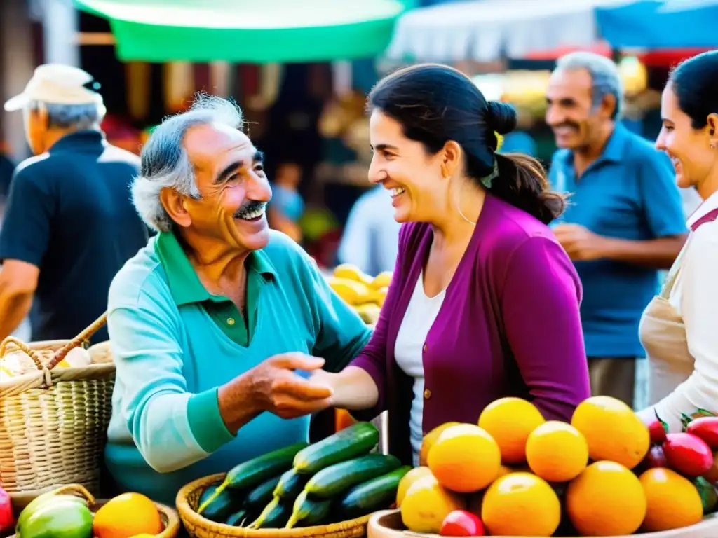 Expresiones locales uruguayas en un vivo mercado de Montevideo, con un anciano y una joven comunicándose con pasión y detalle