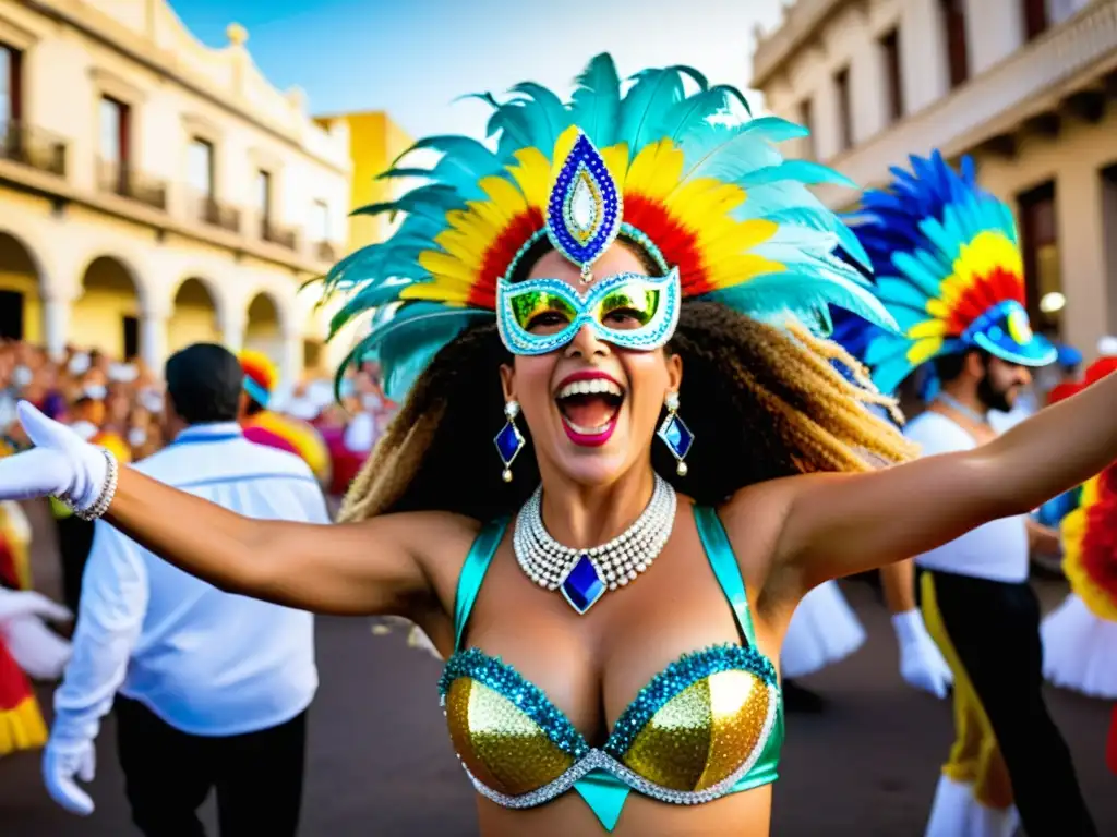 Éxtasis de Carnaval en Uruguay, con bailarines alegres y espectadores emocionados, capturando la vibrante energía en fotografías