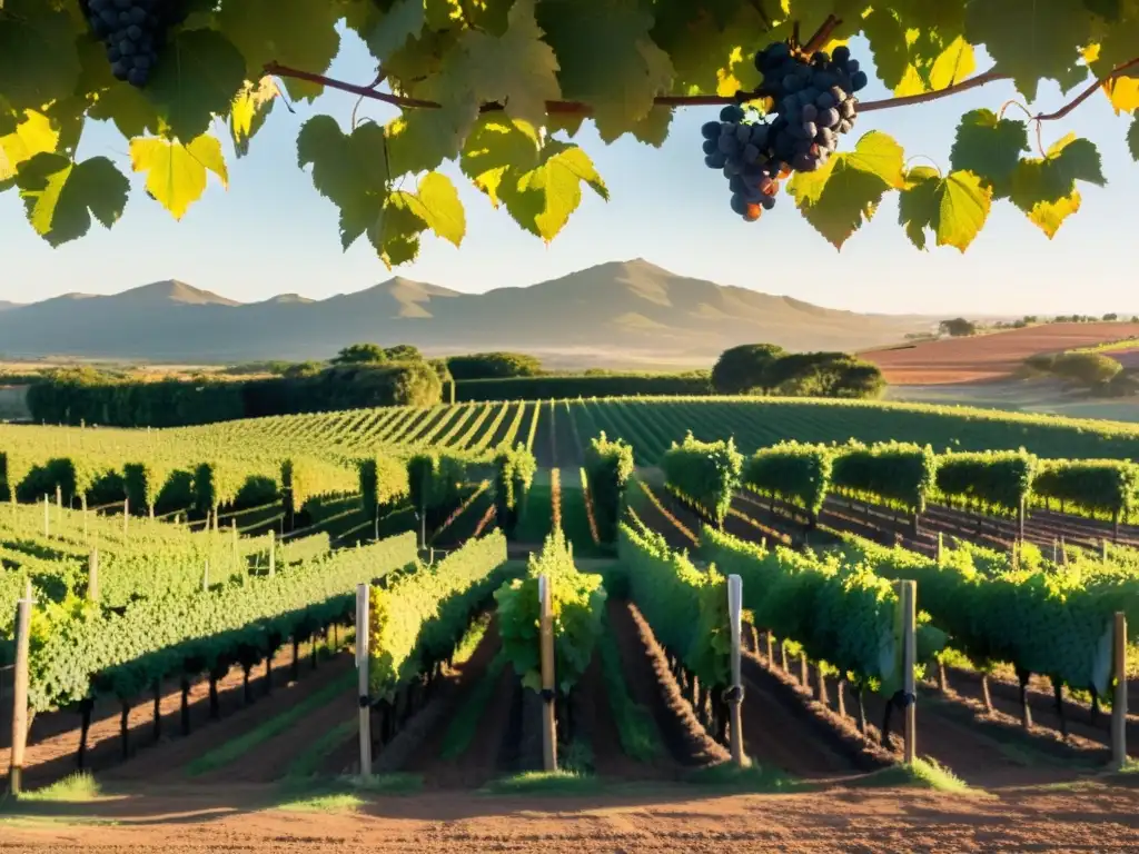 Tradición vitivinícola en Uruguay: viñedos exuberantes bañados por el sol poniente, bodega colonial y viticultores en plática