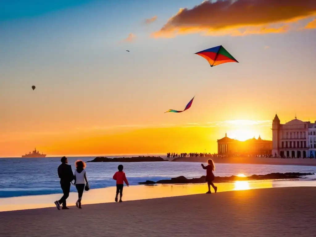 Una familia disfruta de actividades familiares para disfrutar en Uruguay, volando una cometa al atardecer en Montevideo