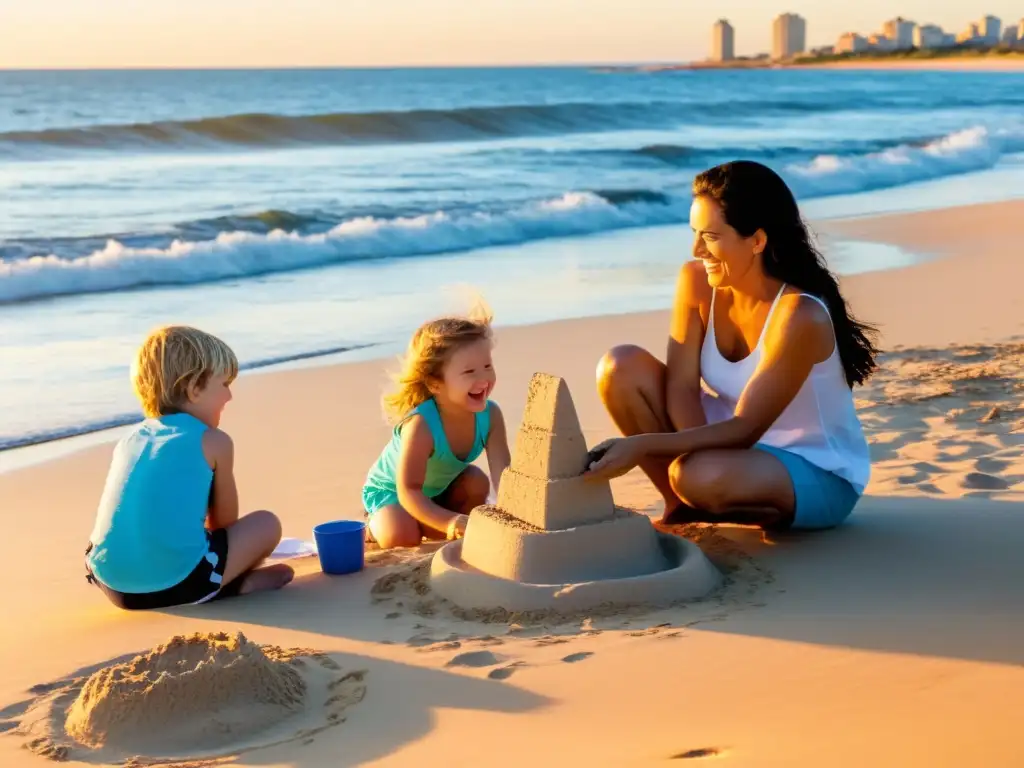 Una familia alegre disfrutando de un picnic en Punta del Este, mientras los niños construyen castillos de arena cerca de los mejores alojamientos para niños en Uruguay