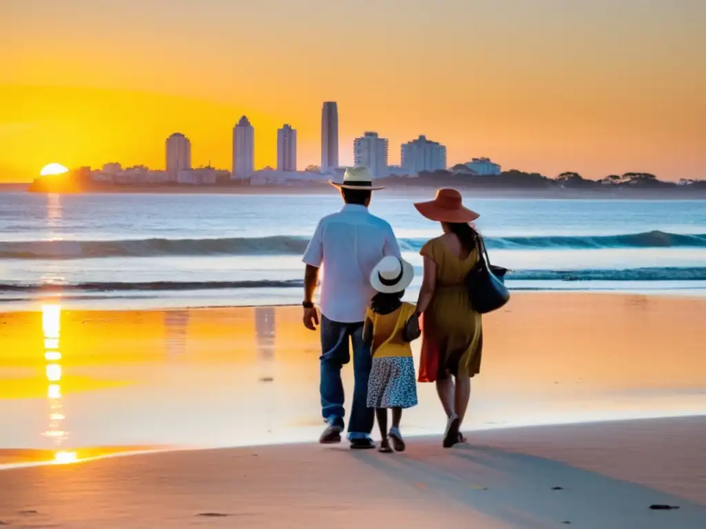 Una familia aplica consejos de seguridad para viajar con niños a Uruguay, disfrutando del atardecer dorado en la playa de Montevideo