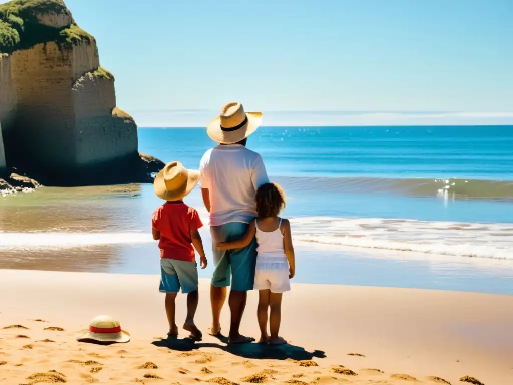 Una familia siguiendo consejos de viaje a Uruguay, disfrutando en la playa, protegidos del sol, apuntando al mar