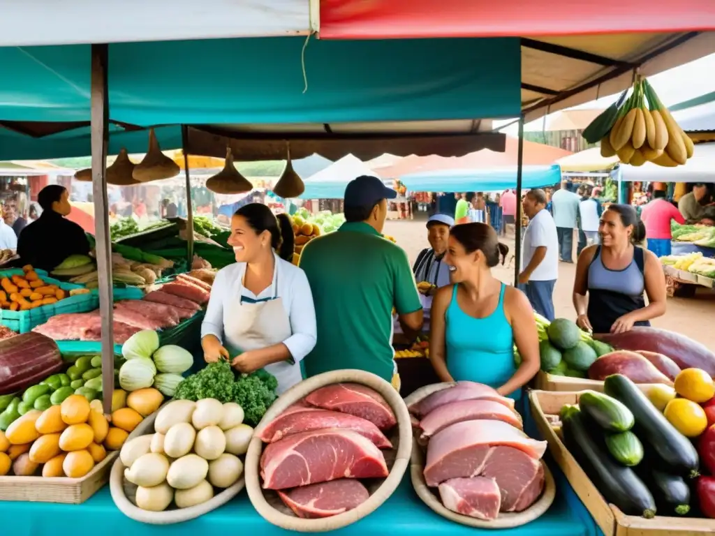 Una familia disfruta de delicias locales en un animado mercado uruguayo, siguiendo 'Consejos para viaje familiar Uruguay'