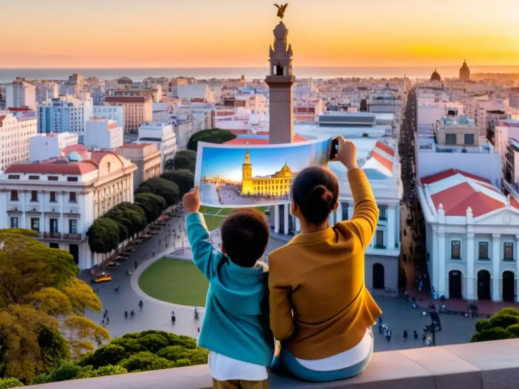 Familia feliz explorando Montevideo al atardecer, con Seguro de Viaje para Uruguay, maravillándose ante el icónico Palacio Salvo