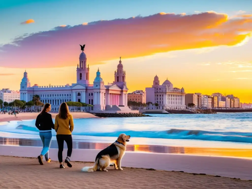 Familia feliz disfrutando un picnic al atardecer en Montevideo, rodeados de sus mascotas y la calidez de un 'alojamiento pet friendly Uruguay'