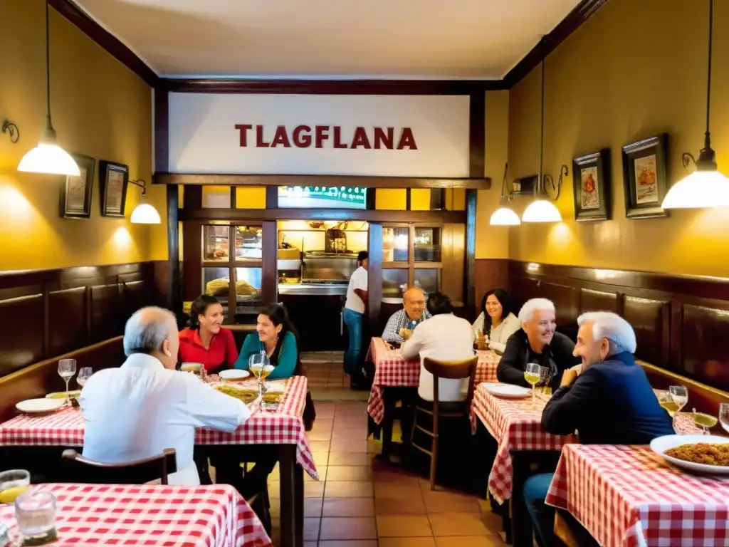 Una familia disfruta de la influencia italiana en gastronomía uruguaya en una cálida trattoria de Montevideo, bajo el atardecer