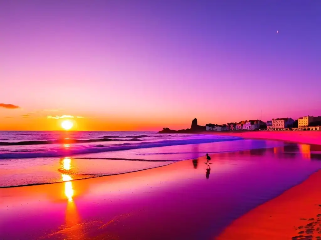 Familia disfrutando de un juego de fútbol en una de las mejores playas familiares de Uruguay, bajo un cielo mágicamente coloreado al atardecer