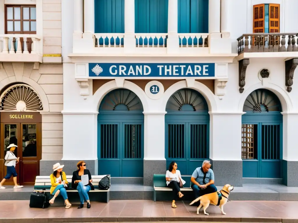 Una familia viajando con su mascota en Uruguay, consulta un mapa en una bulliciosa tarde montevideana, con el Teatro Solís de fondo