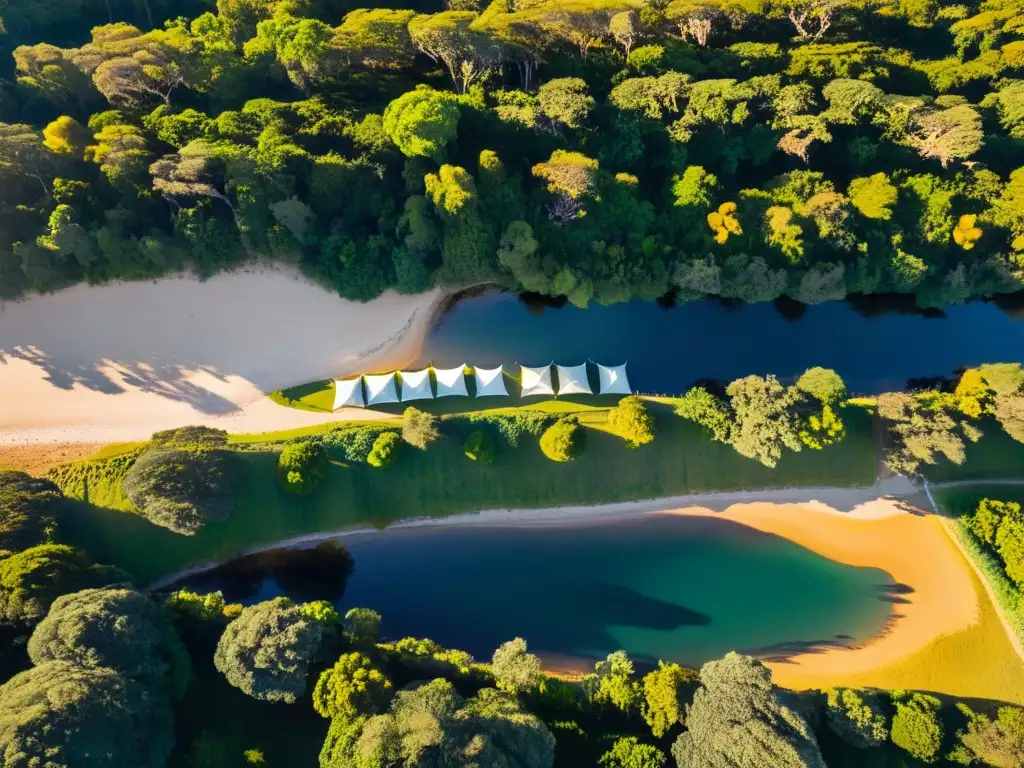 Una familia disfruta de las mejores áreas de camping en Uruguay, en un atardecer dorado en el Parque Nacional Santa Teresa