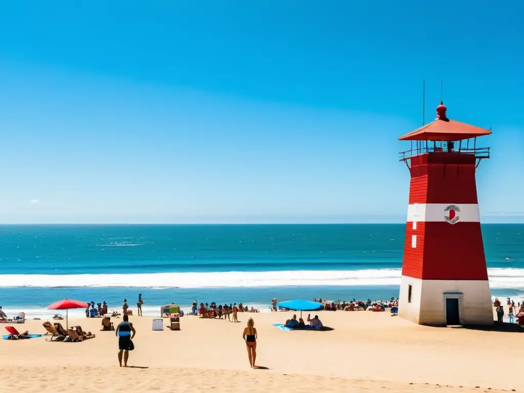 Familia disfrutando de la playa uruguaya bajo el sol del mediodía, aplicándose protector solar y leyendo 'Consejos de seguridad en playas Uruguay'