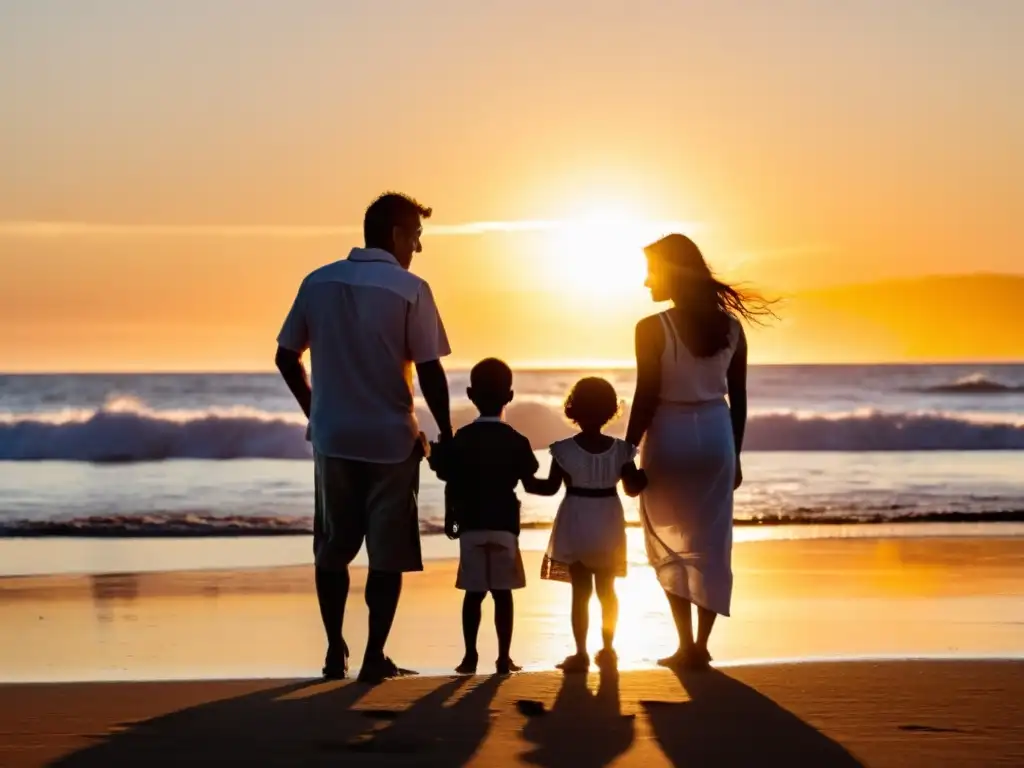 Una familia disfrutando de una puesta de sol en una hermosa playa uruguaya, destacando Uruguay como uno de los mejores destinos familiares