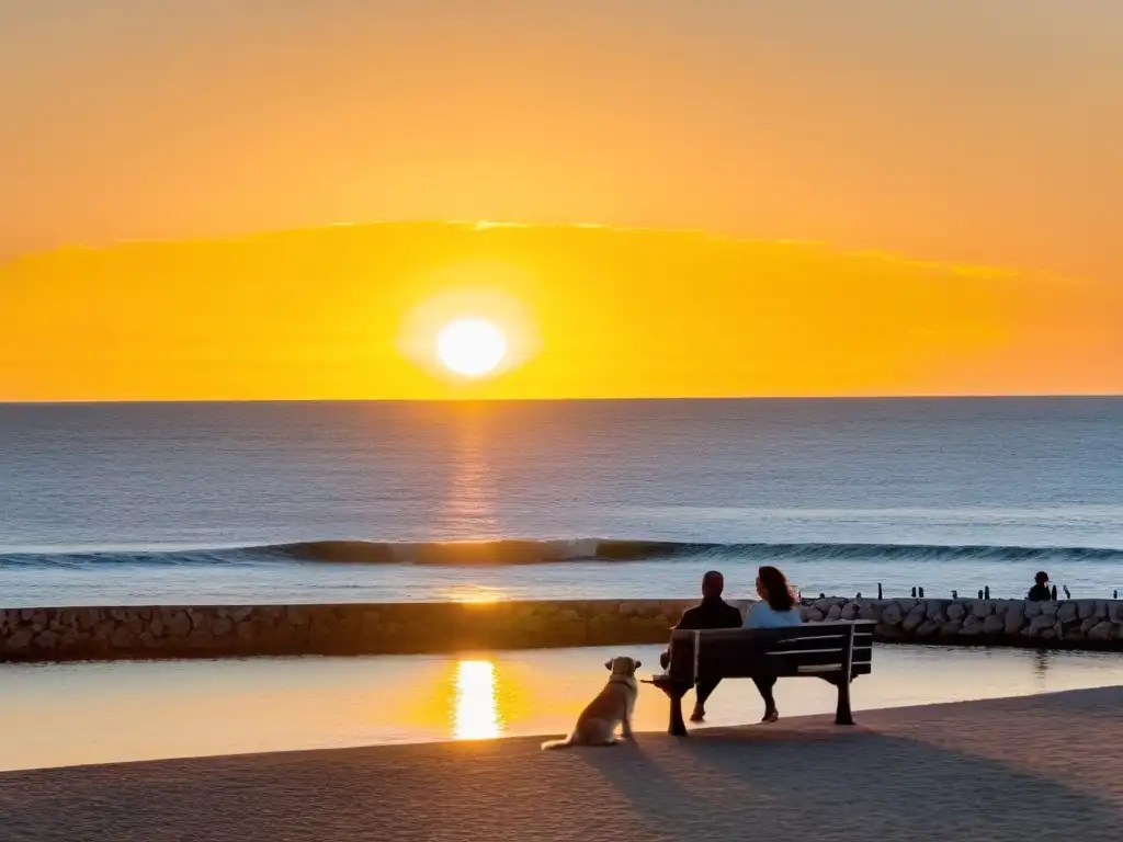 Una familia disfrutando de la puesta de sol en la Rambla de Montevideo, Uruguay, mientras su Golden Retriever juega alegremente