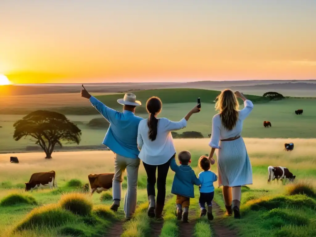 Una familia rebosante de alegría, apunta al sol poniente en Uruguay, disfrutando juntos del encanto del paisaje rural y las playas prístinas