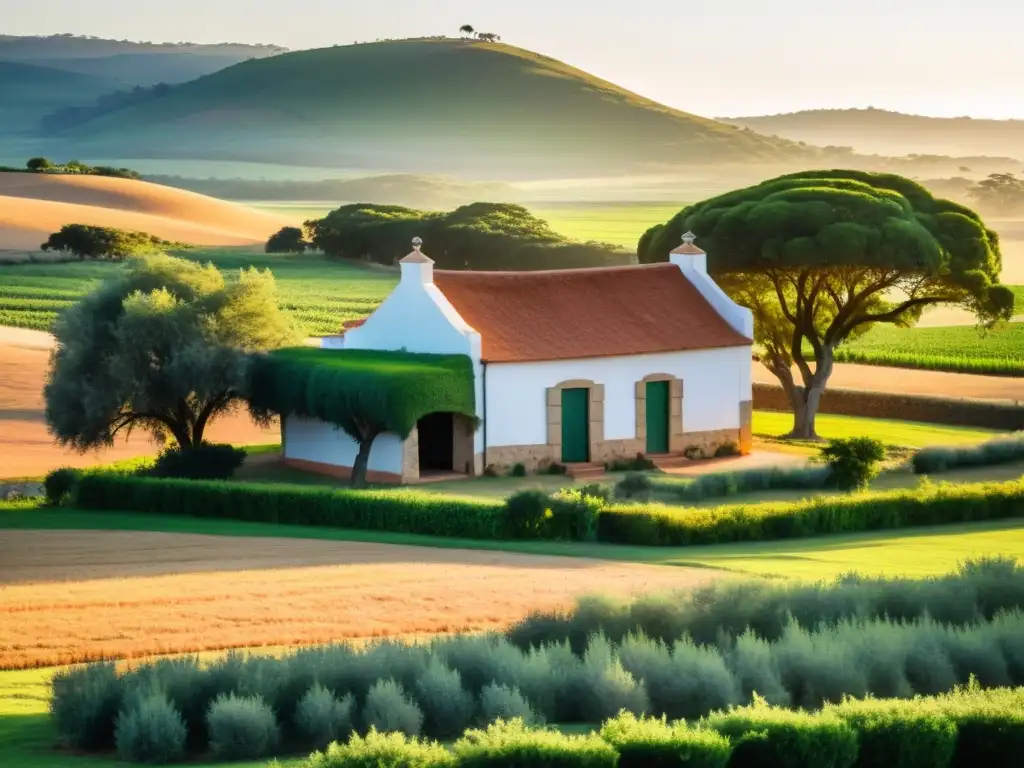 Familia jugando Truco en una granja rústica en Uruguay, bajo el brillo dorado del atardecer