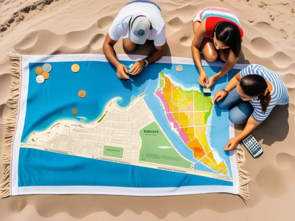 Una familia planificando su viaje en la brillante playa de Pocitos, Montevideo, con consejos para viajar a Uruguay