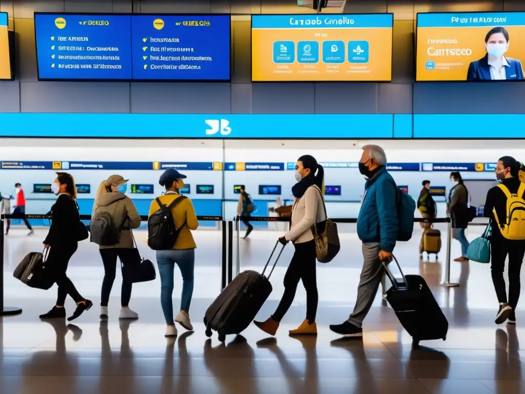 Familias, mochileros y empresarios siguiendo recomendaciones de viaje seguro en Uruguay, en un aeropuerto de Montevideo lleno de vida y orden