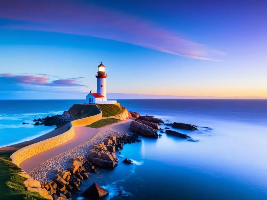 Faros históricos Uruguay: Un atardecer vibrante baña el Faro de Punta Carretas, un emblema de fortaleza y guía