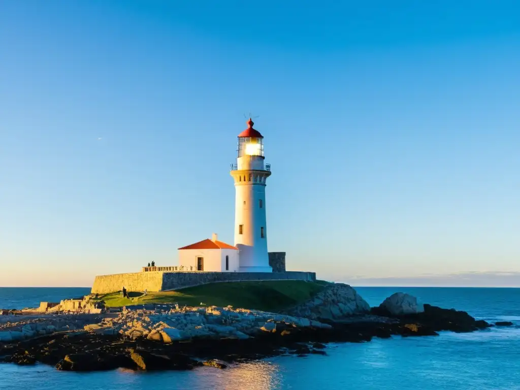 Faros históricos Uruguay: Un imponente faro uruguayo se alza ante el cielo azul, su encanto histórico dorado por el atardecer