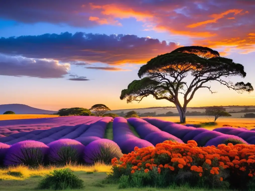 Fotografiar fauna y flora uruguaya en un paisaje dorado, capibara y Ceibo rojo bajo un atardecer vibrante