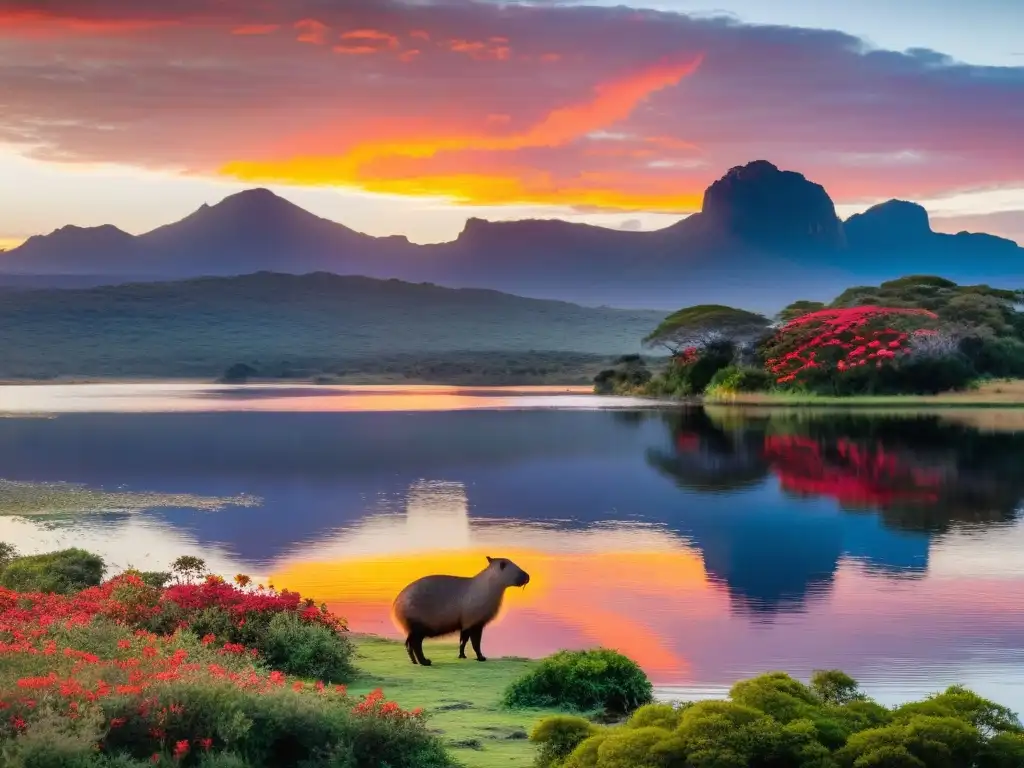 Fotografiar fauna flora uruguaya al amanecer, capibara bebiendo en lago y flores de ceibo iluminadas por el sol naciente