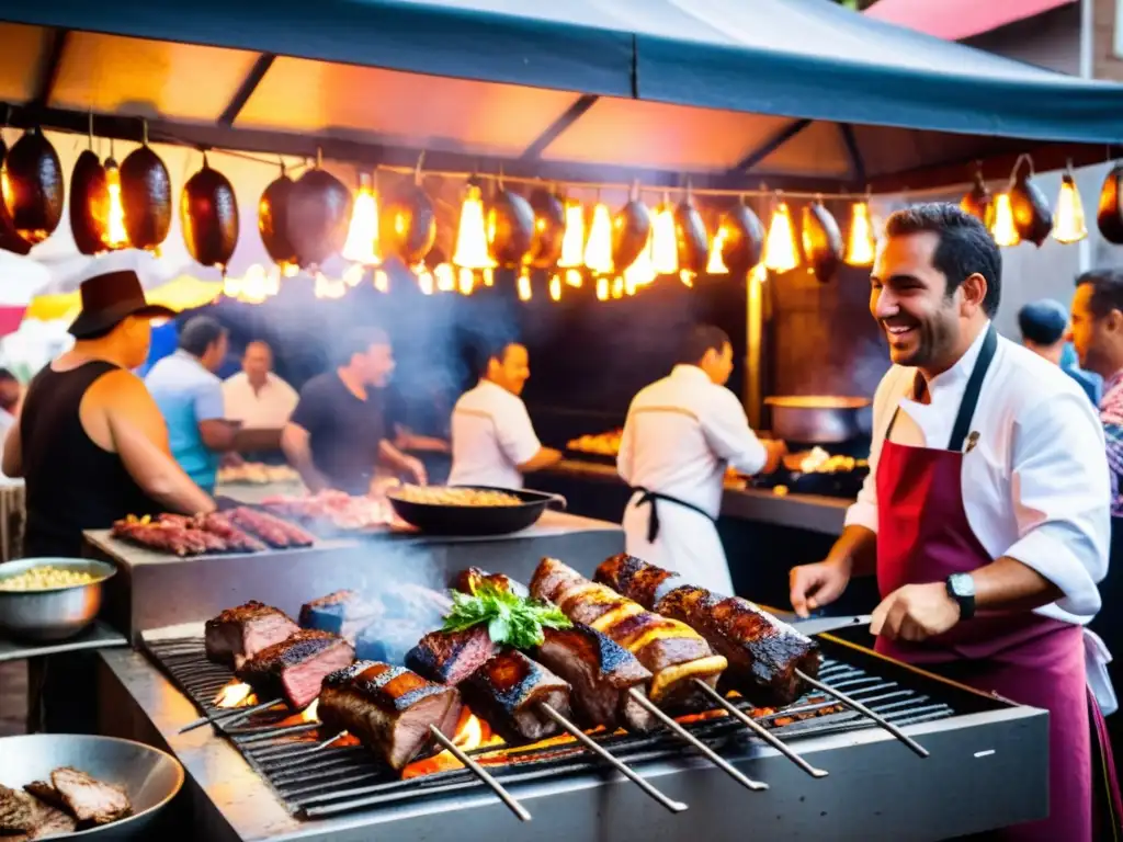 Feria bulliciosa en Uruguay, gente disfrutando la gastronomía tradicional uruguaya, con el aroma del asado en el aire festivo