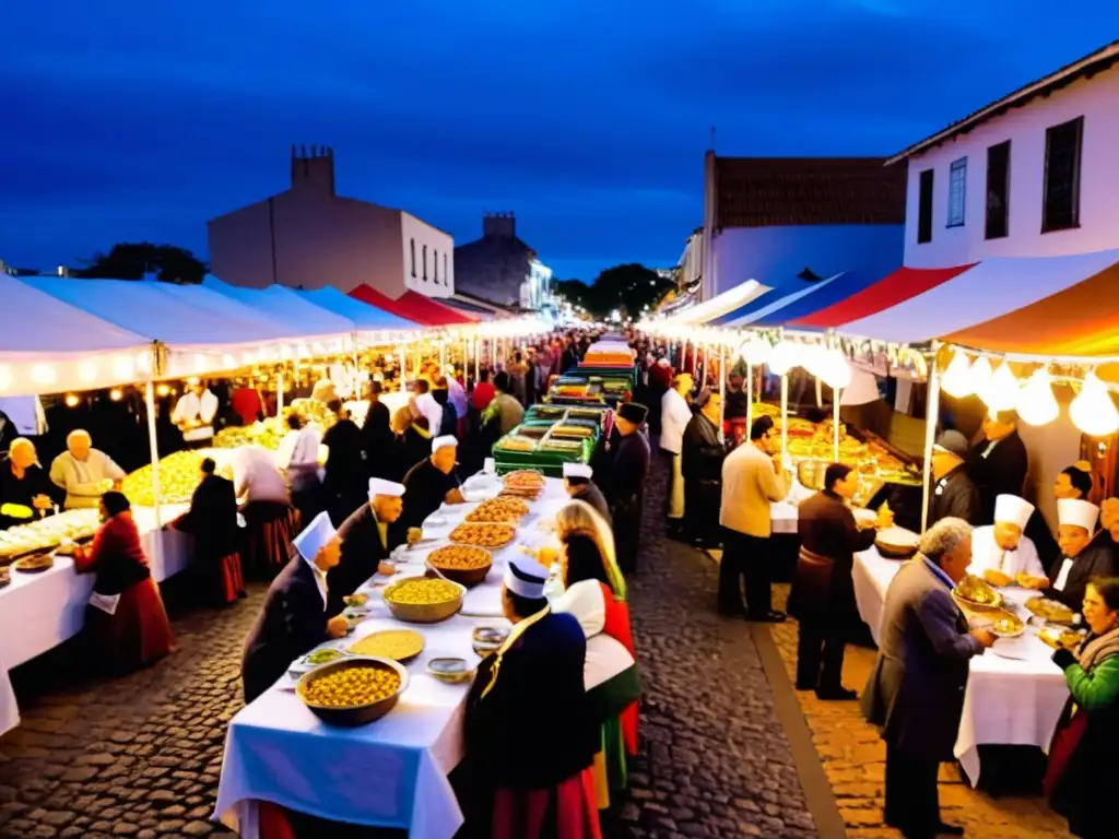 Feria callejera llena de vida en Uruguay, escenario de eventos gastronómicos populares, colores vibrantes y alegría universal