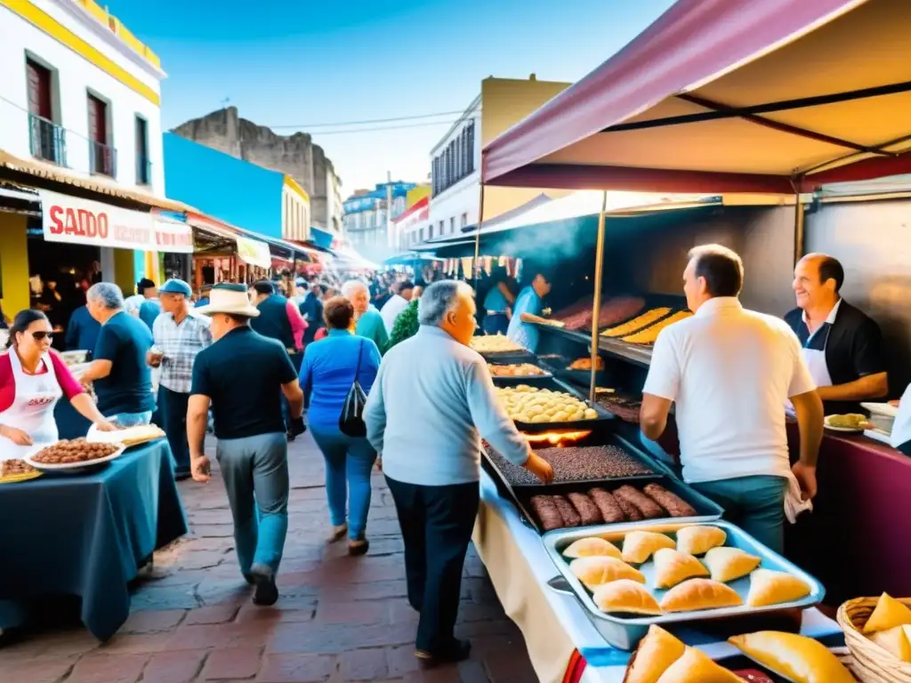 Feria callejera uruguaya llena de vida, con puestos vibrantes de costumbres culinarias Uruguay tradicionales, bajo un cielo cerúleo de Montevideo