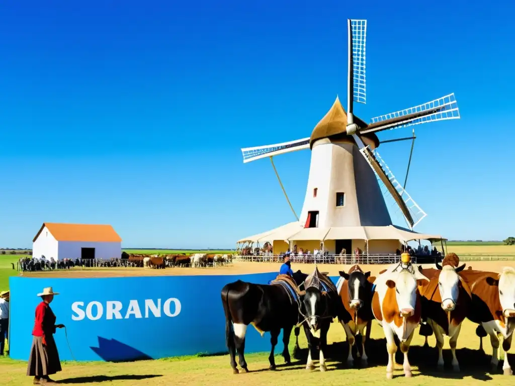 Feria agrícola vibrante en Soriano, Uruguay, con gauchos, ganado Hereford, un gran molino moderno y tecnología de riego