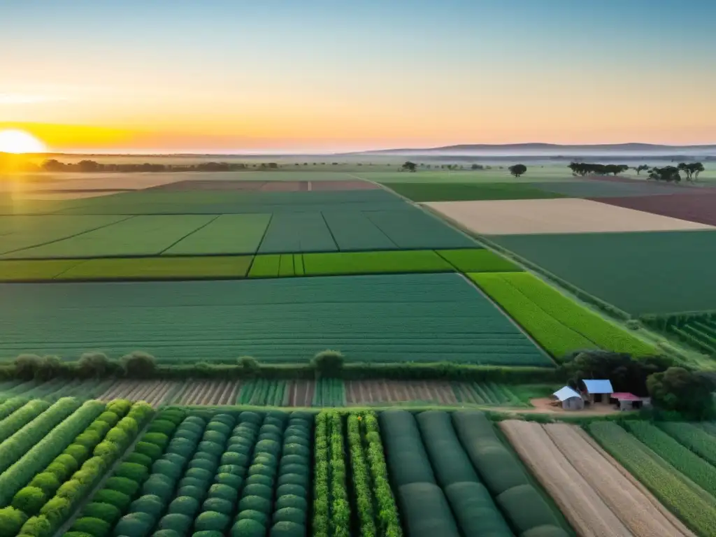 Amanecer en Treinta y Tres, Uruguay, con ferias agrícolas llenas de vida, agricultores trabajando y un mosaico de cultivos sostenibles