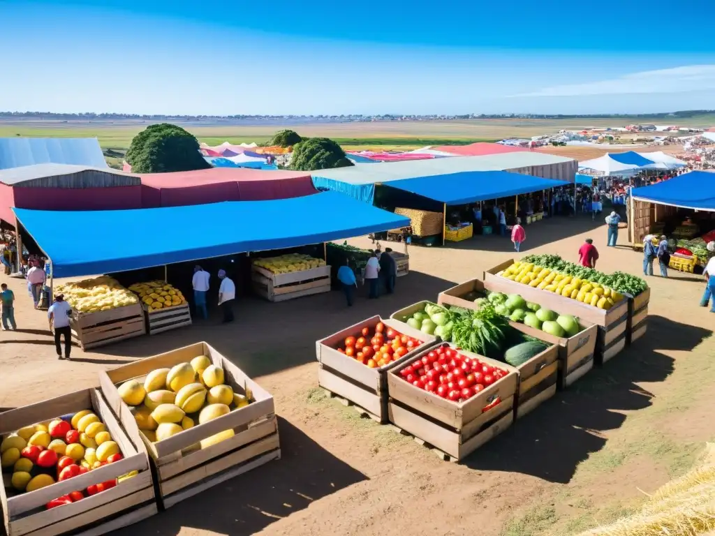 Ferias agrícolas en Uruguay llenas de vida, agricultores vendiendo frutas vibrantes bajo un cielo azul, rodeados de colinas verdes y prácticas sostenibles