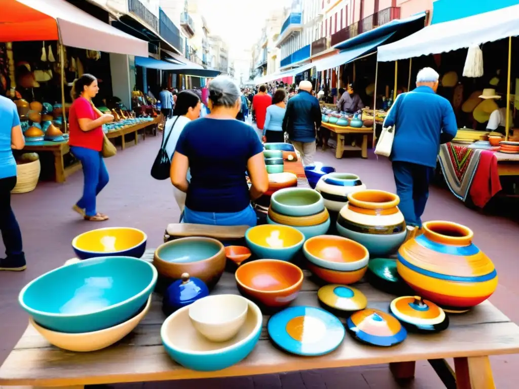 Ferias de artesanía emblemáticas en Uruguay: bullicio, colores vibrantes, artesanos creando joyas y cerámica bajo el sol de Montevideo