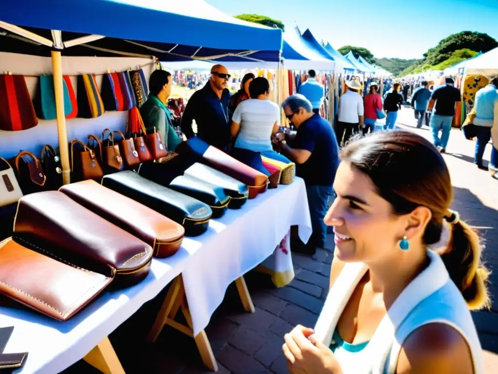 Ferias de artesanía emblemáticas de Uruguay, rebosantes de coloridos puestos y artesanos creando obras únicas bajo un cielo azul radiante