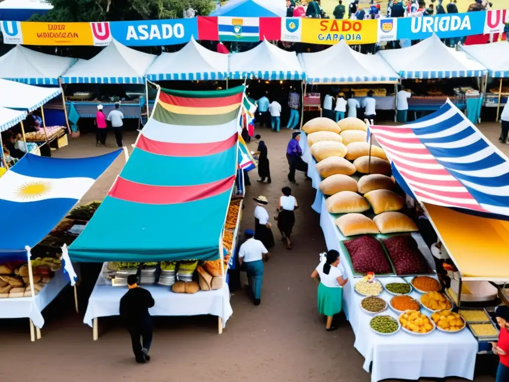 Ferias gastronómicas Uruguay: Mercado colorido al atardecer, vendedores preparando platos tradicionales y felices comensales